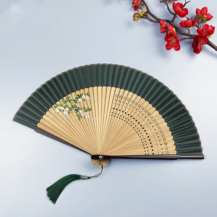 Éventail pliant en bambou avec peinture en aérosol en forme de lapin et de fleur en Buddha Stones - Fleur de pêcher verte 21 cm - image 8