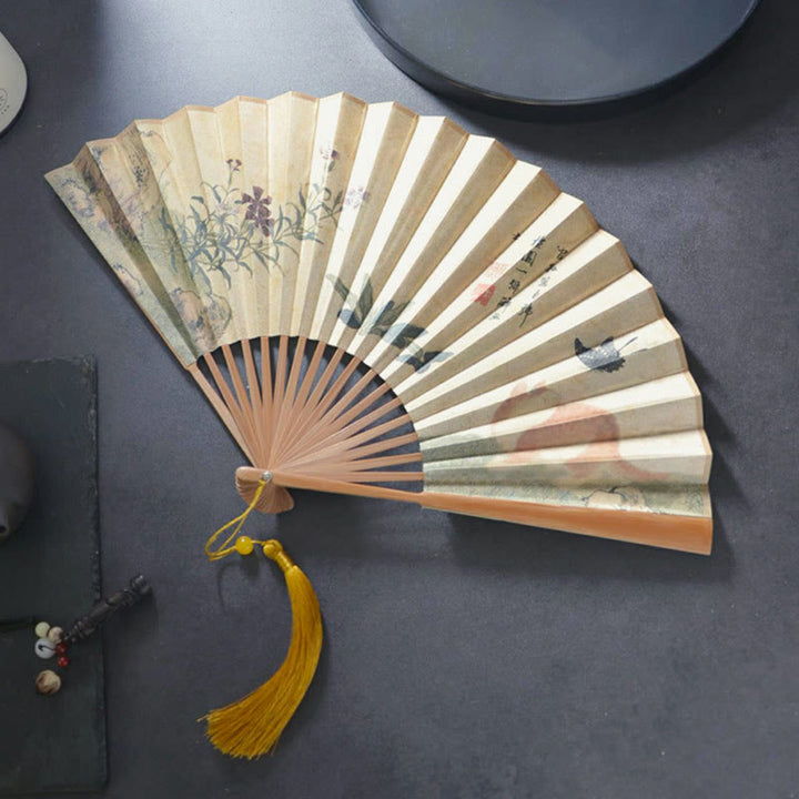 Éventail pliant en bambou et coton avec motif de Buddha Stones , papillon, chat, fleur