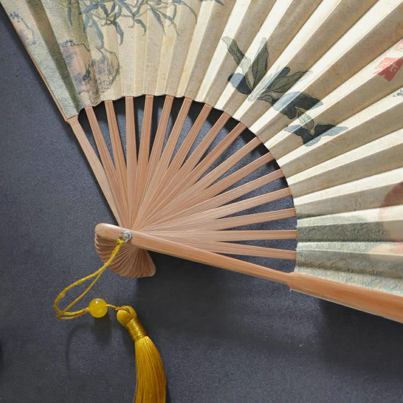 Éventail pliant en bambou et coton avec motif de Buddha Stones , papillon, chat, fleur