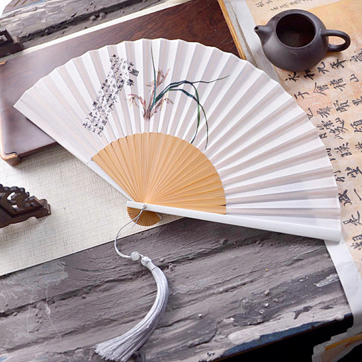 Buddha Stones Caractères chinois Peinture à l'encre Fleur de lotus Feuille Paysage Portable Huayao Crêpe Polyester Bambou Éventail pliant 23,3 cm