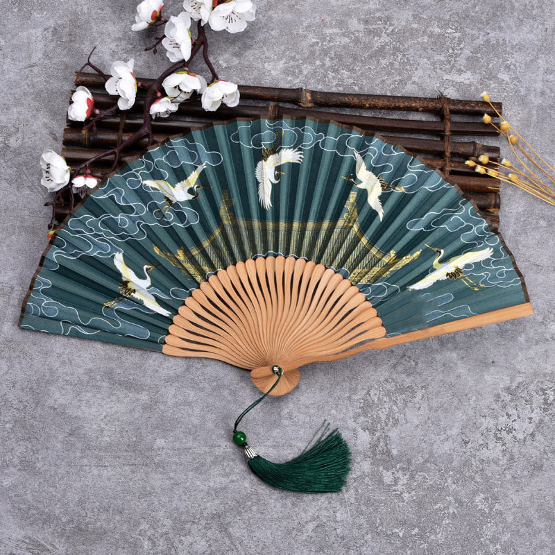 Éventail pliant portatif en bambou, Buddha Stones, grues et nuages ​​de bon augure, dégradé de couleurs unies - Nuage de grue vert foncé 21 cm - image 4