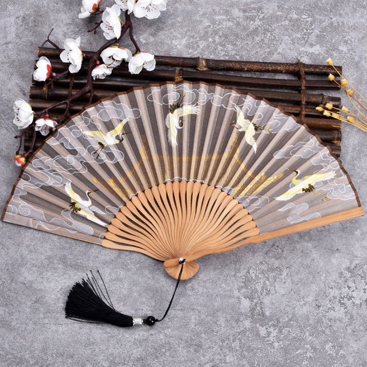 Éventail pliant portatif en bambou, Buddha Stones, grues et nuages ​​de bon augure, dégradé de couleurs unies - Crane Cloud Khaki 21cm - image 7