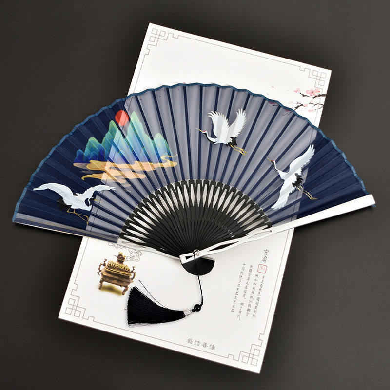Éventail pliant en bambou avec Buddha Stones, grues, nuages de bon augure, dégradé de couleurs unies, tissu en coton et lin