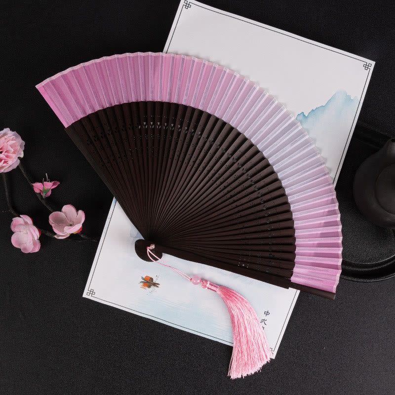 Éventail pliant portatif en bambou, Buddha Stones, grues et nuages ​​de bon augure, dégradé de couleurs unies - Dégradé rose 21 cm - image 21