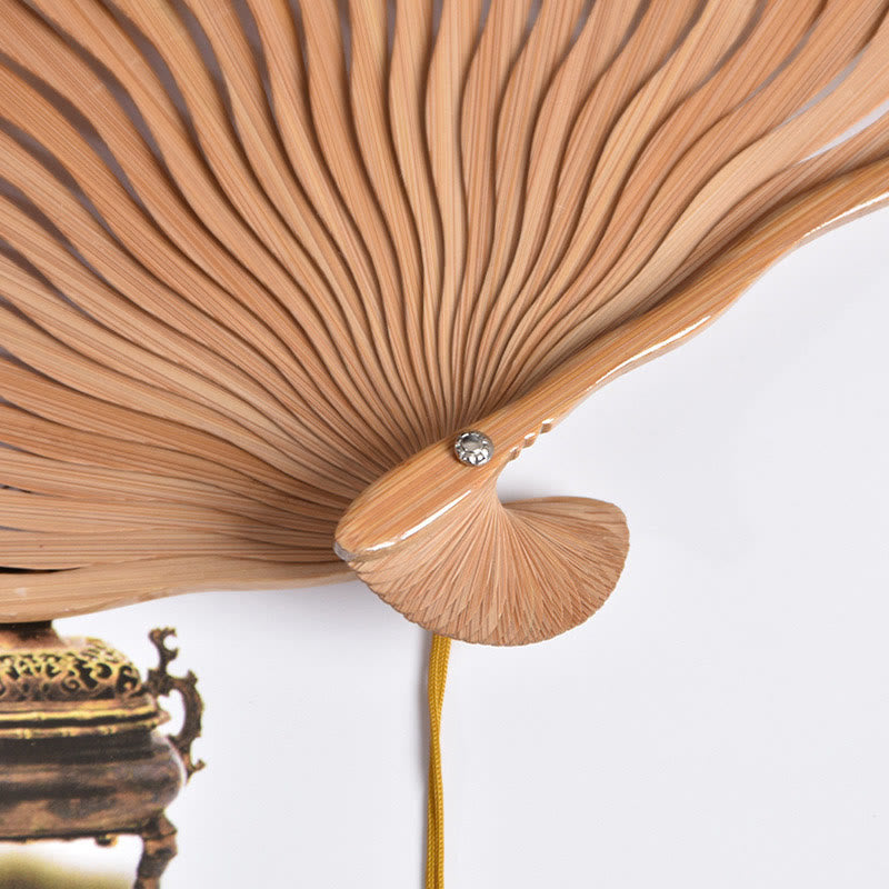 Éventail pliant en bambou avec Buddha Stones, grues, nuages de bon augure, dégradé de couleurs unies, tissu en coton et lin