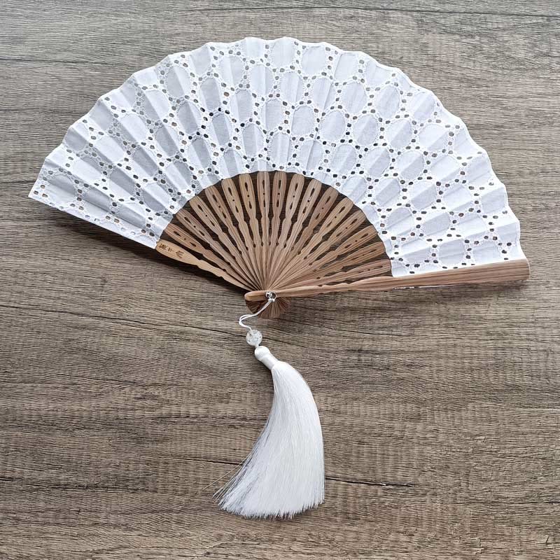 Éventail pliable en bambou à main en tissu de coton brodé de fleurs creuses de couleur unie avec Buddha Stones - Blanc (broderie circulaire) - 21 cm - image 22