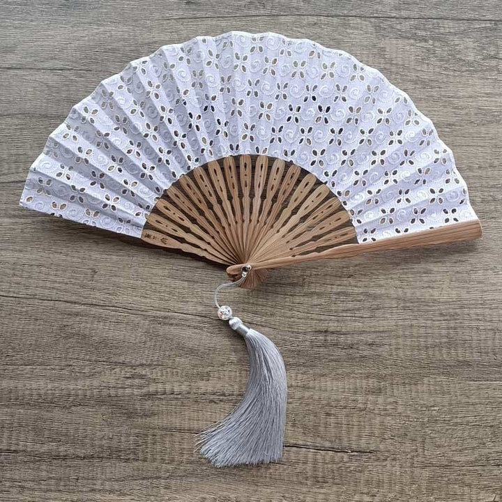 Éventail pliable en bambou à main en tissu de coton brodé de fleurs creuses de couleur unie avec Buddha Stones - Gris-violet (broderie trèfle à quatre feuilles) - 21 cm - image 19