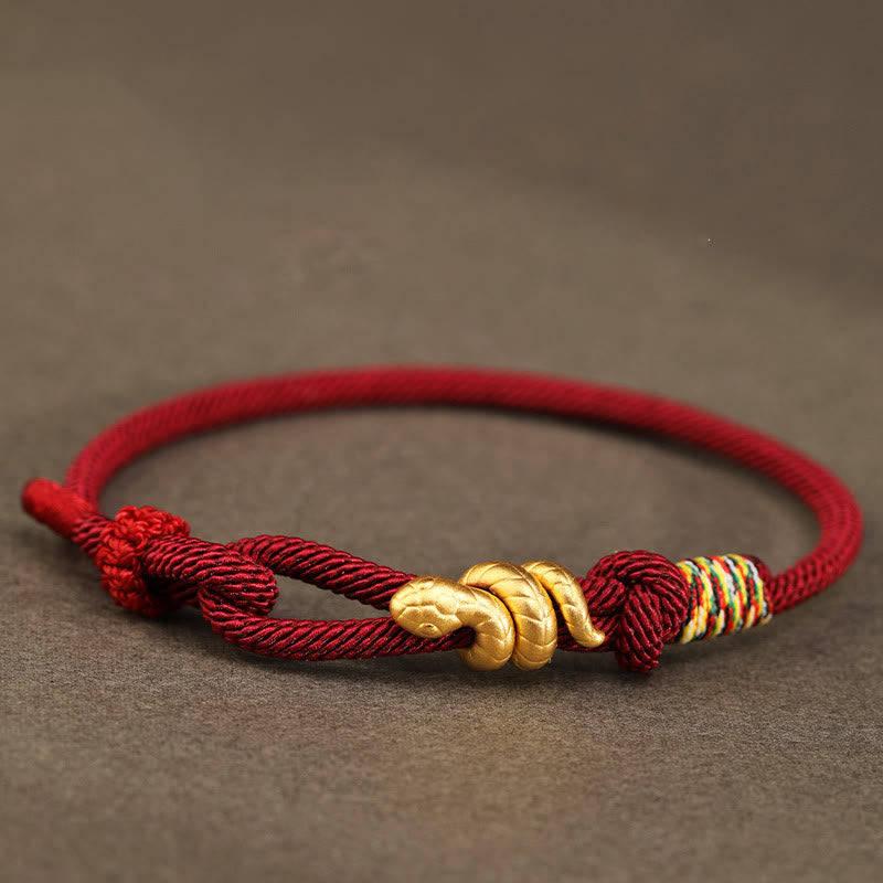 Bracelet tressé en corde de protection porte-bonheur fait main en or 999 avec motif de l'année du serpent - Rouge foncé - 17-19 cm - Or 0,48 g - image 0