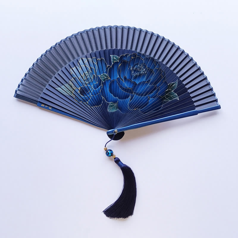 Éventail pliable en bambou et soie avec Buddha Stones et fleurs de pivoine