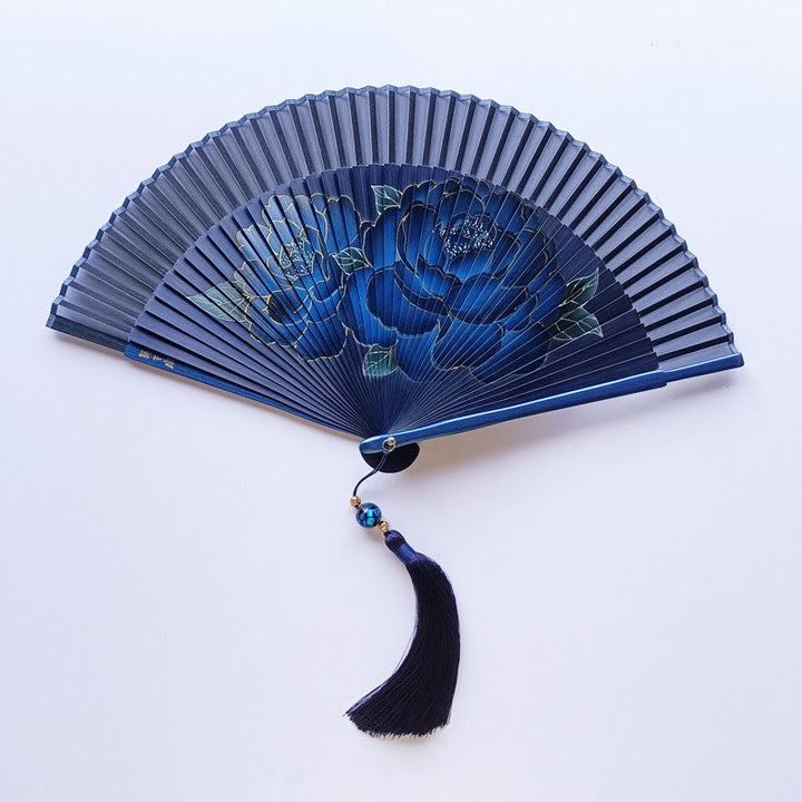 Éventail pliable en bambou et soie avec Buddha Stones et fleurs de pivoine