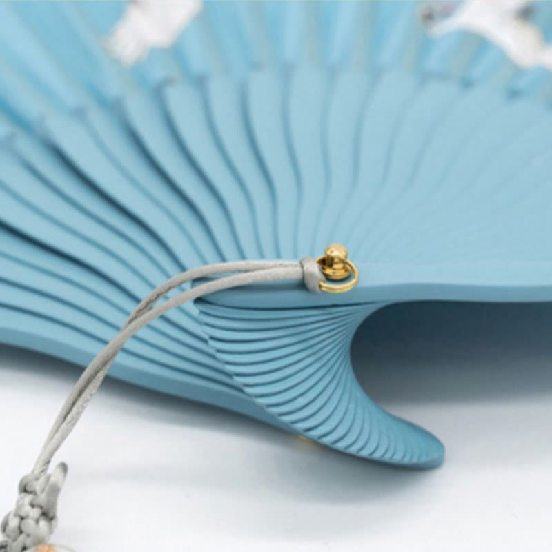 Éventail pliable en bambou et soie à main avec grue et fleurs de prunier et Buddha Stones