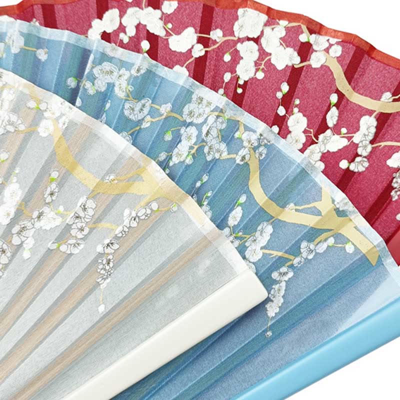 Éventail pliable en bambou et soie à main avec grue et fleurs de prunier et Buddha Stones