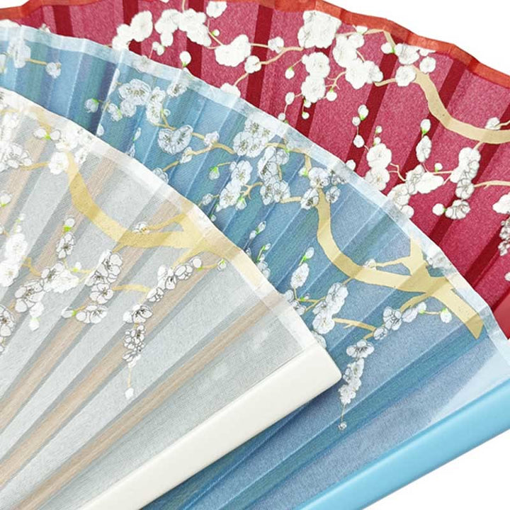 Éventail pliable en bambou et soie à main avec grue et fleurs de prunier et Buddha Stones