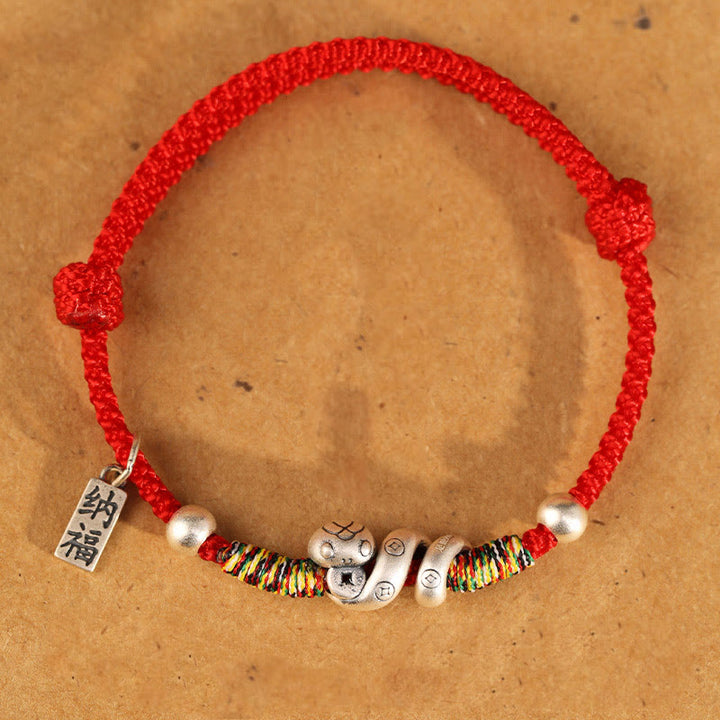Bracelet de bénédiction en argent sterling 999 Buddha Stones Année du serpent fait à la main avec personnage porte-bonheur Fu et pièce de cuivre