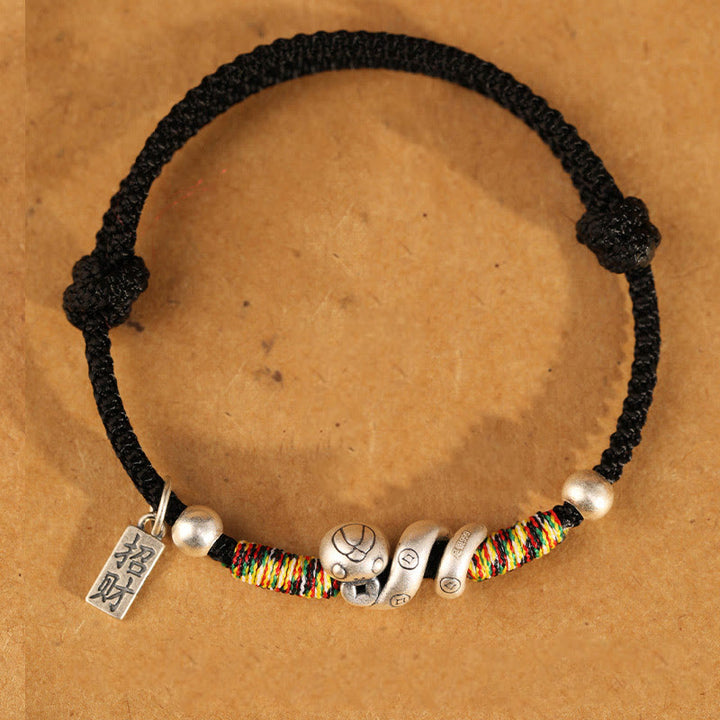 Bracelet de bénédiction en argent sterling 999 Buddha Stones Année du serpent fait à la main avec personnage porte-bonheur Fu et pièce de cuivre
