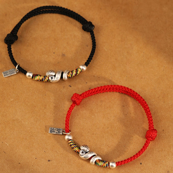 Bracelet de bénédiction en argent sterling 999 Buddha Stones Année du serpent fait à la main avec personnage porte-bonheur Fu et pièce de cuivre