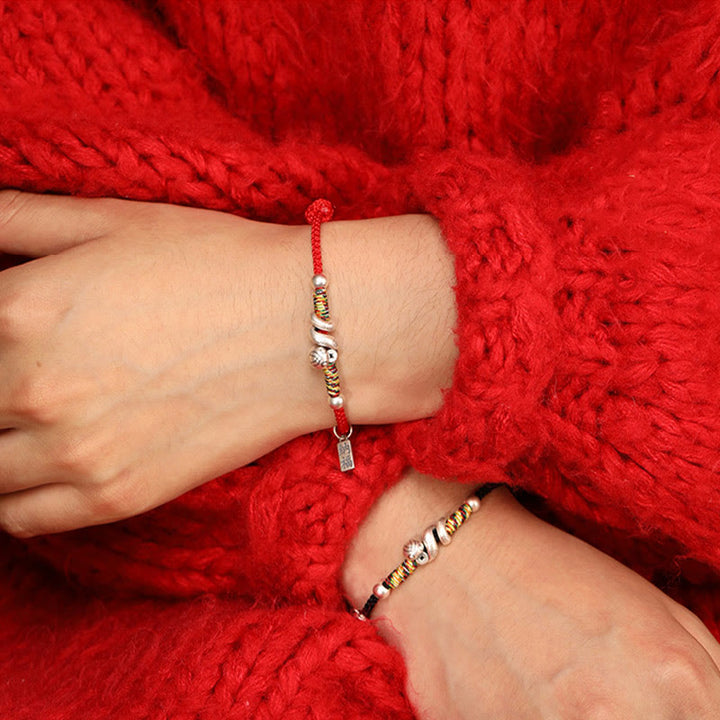Bracelet de bénédiction en argent sterling 999 Buddha Stones Année du serpent fait à la main avec personnage porte-bonheur Fu et pièce de cuivre