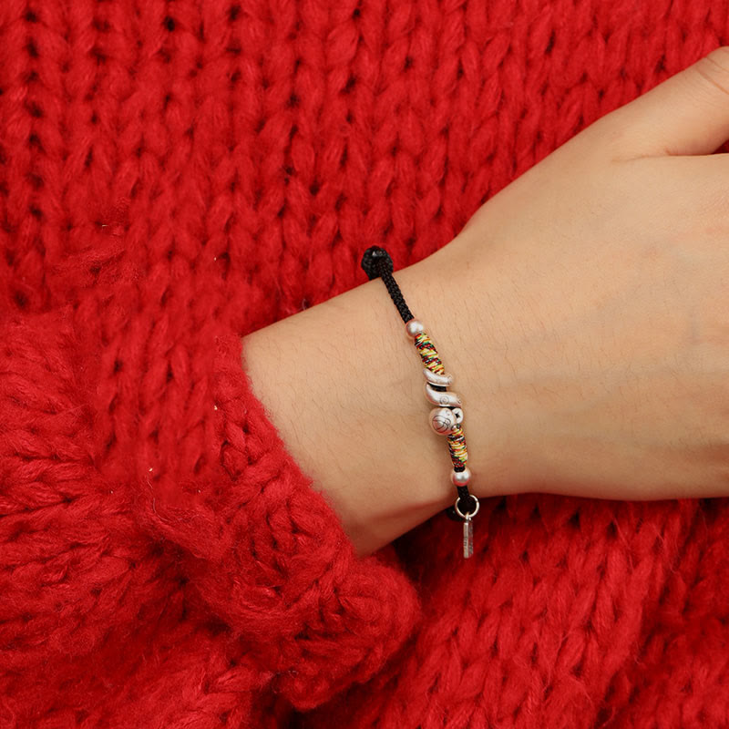 Bracelet de bénédiction en argent sterling 999 Buddha Stones Année du serpent fait à la main avec personnage porte-bonheur Fu et pièce de cuivre