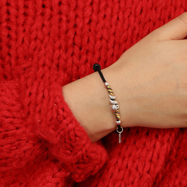 Bracelet de bénédiction en argent sterling 999 Buddha Stones Année du serpent fait à la main avec personnage porte-bonheur Fu et pièce de cuivre