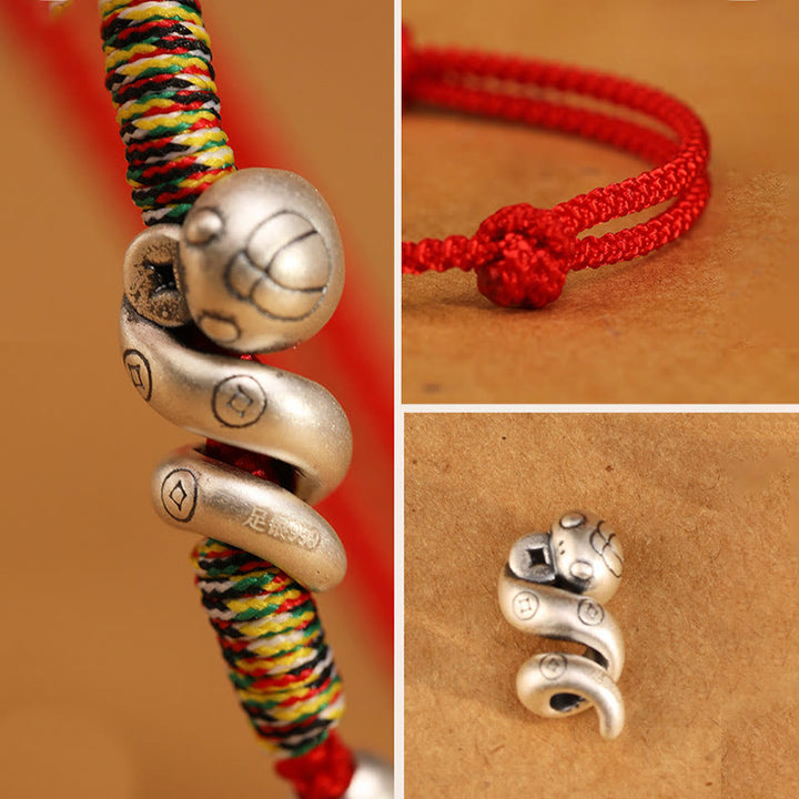Bracelet de bénédiction en argent sterling 999 Buddha Stones Année du serpent fait à la main avec personnage porte-bonheur Fu et pièce de cuivre