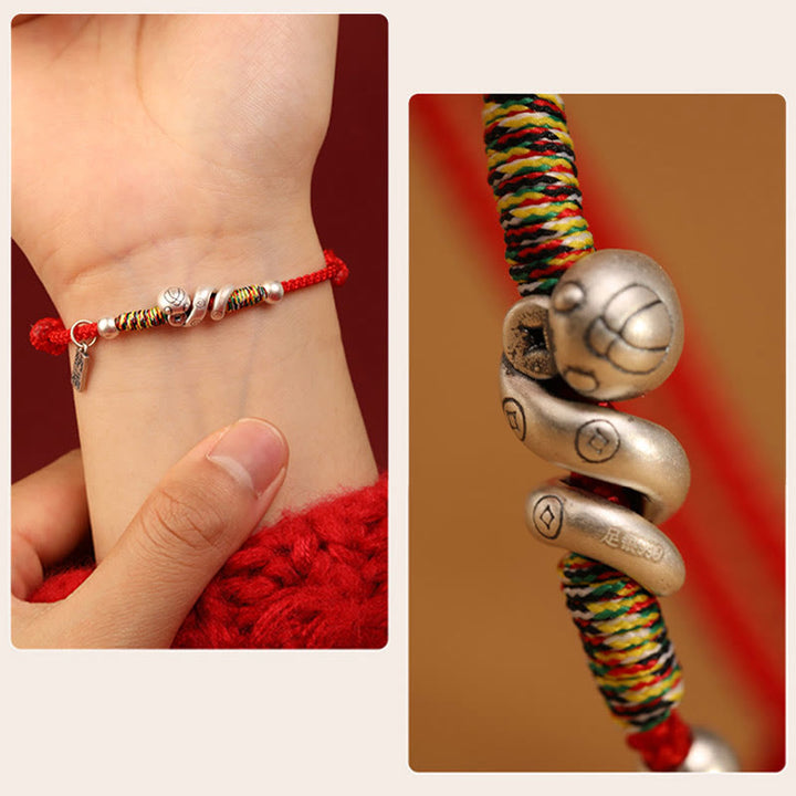 Bracelet de bénédiction en argent sterling 999 Buddha Stones Année du serpent fait à la main avec personnage porte-bonheur Fu et pièce de cuivre
