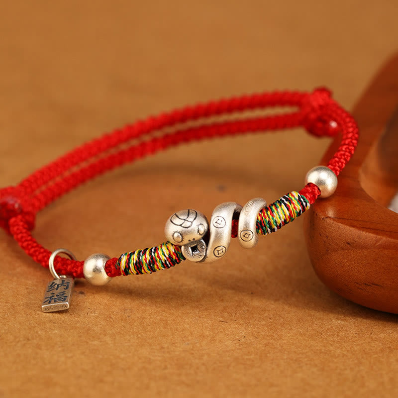 Bracelet de bénédiction en argent sterling 999 Buddha Stones Année du serpent fait à la main avec personnage porte-bonheur Fu et pièce de cuivre