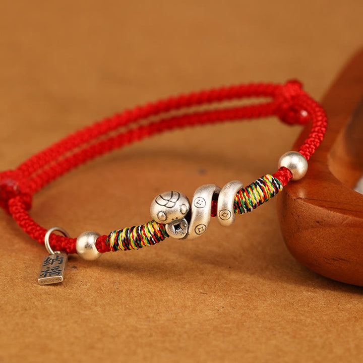 Bracelet de bénédiction en argent sterling 999 Buddha Stones Année du serpent fait à la main avec personnage porte-bonheur Fu et pièce de cuivre