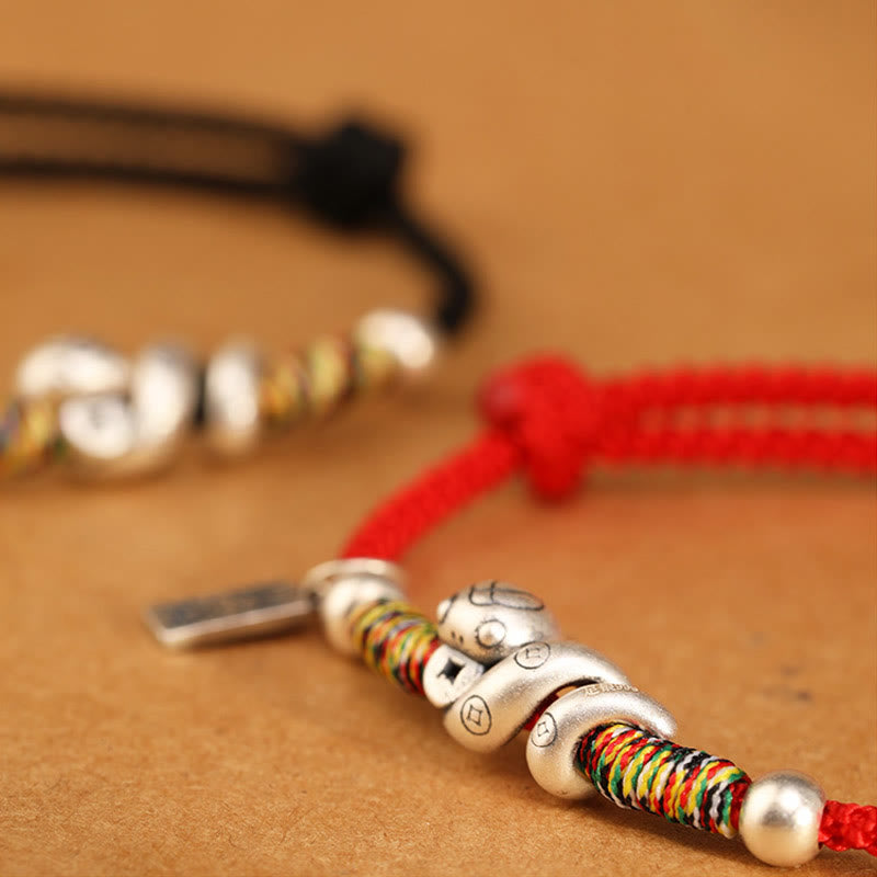 Bracelet de bénédiction en argent sterling 999 Buddha Stones Année du serpent fait à la main avec personnage porte-bonheur Fu et pièce de cuivre
