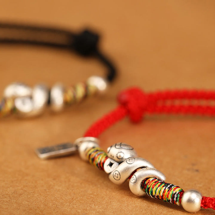 Bracelet de bénédiction en argent sterling 999 Buddha Stones Année du serpent fait à la main avec personnage porte-bonheur Fu et pièce de cuivre