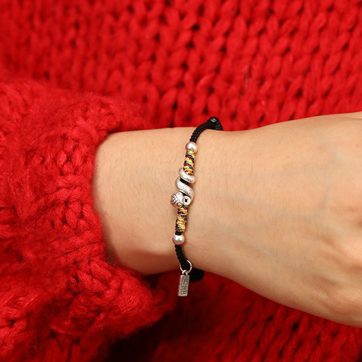 Bracelet de bénédiction en argent sterling 999 Buddha Stones Année du serpent fait à la main avec personnage porte-bonheur Fu et pièce de cuivre
