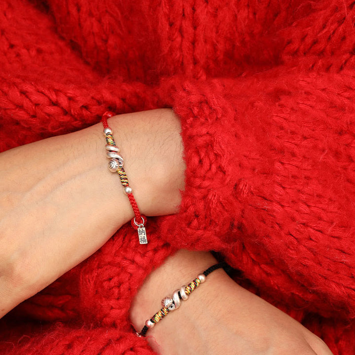 Bracelet de bénédiction en argent sterling 999 Buddha Stones Année du serpent fait à la main avec personnage porte-bonheur Fu et pièce de cuivre