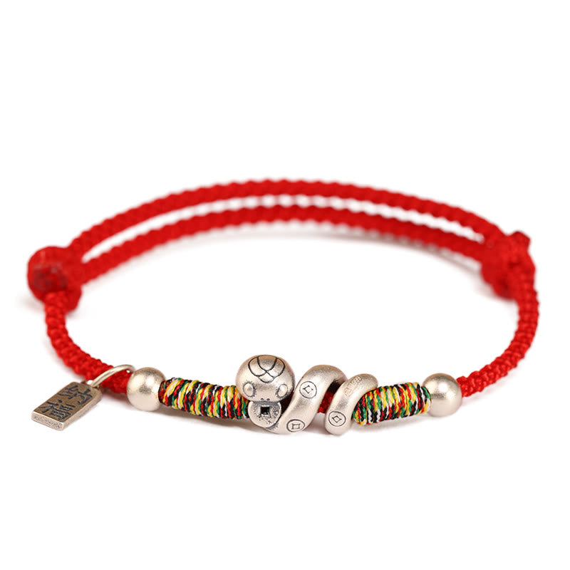 Bracelet de bénédiction en argent sterling 999 Buddha Stones Année du serpent fait à la main avec personnage porte-bonheur Fu et pièce de cuivre