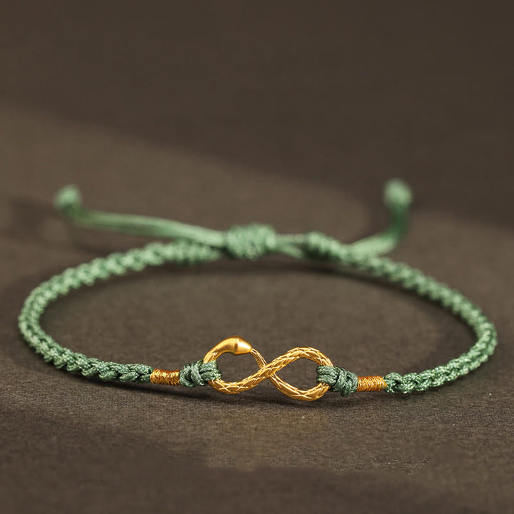 Bracelet porte-bonheur fait main en or 999 Buddha Stones Année du serpent Nœud éternel sans fin Infini - Serpent en or 999 - Vert (Tour de poignet 14-18 cm) - image 5