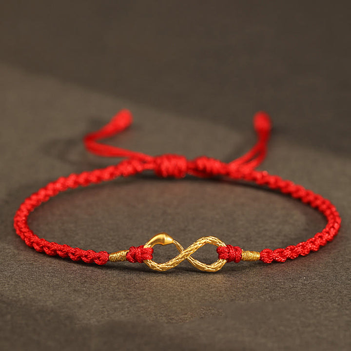 Bracelet porte-bonheur fait main en or 999 Buddha Stones Année du serpent Nœud éternel sans fin Infini - Serpent en or 999 - Rouge (Tour de poignet 14-18 cm) - image 4