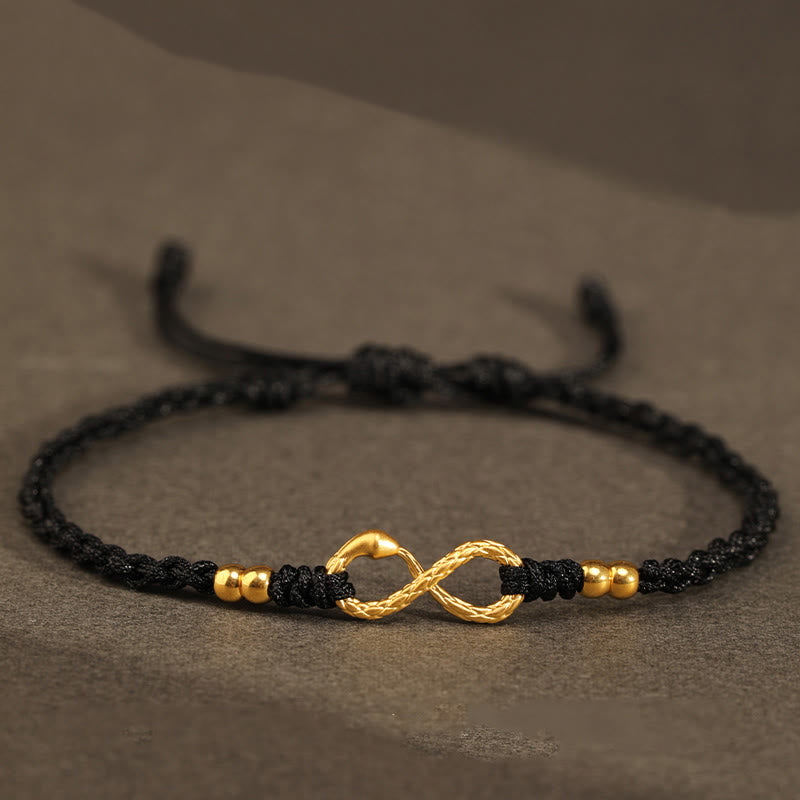 Bracelet porte-bonheur fait main en or 999 Buddha Stones Année du serpent Nœud éternel sans fin Infini - Mini serpent à quatre perles en or 999 - Noir (Tour de poignet 14-18 cm) - image 22