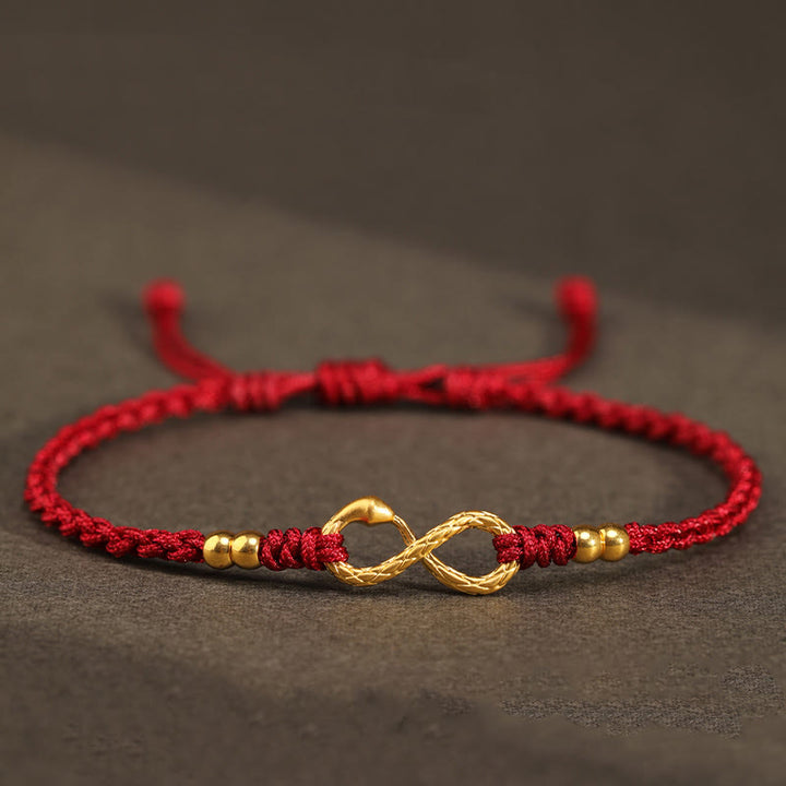Bracelet porte-bonheur fait main en or 999 Buddha Stones Année du serpent Nœud éternel sans fin Infini - Mini serpent à quatre perles en or 999 - Rouge foncé (tour de poignet 14-18 cm) - image 9