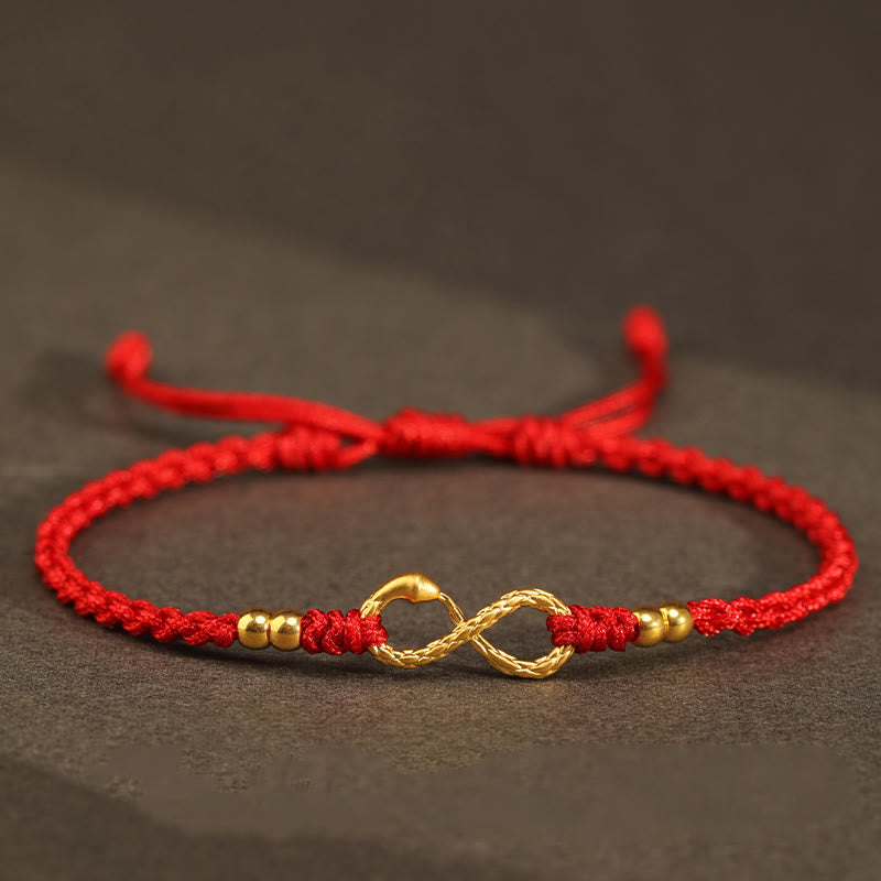 Bracelet porte-bonheur fait main en or 999 Buddha Stones Année du serpent Nœud éternel sans fin Infini - Mini serpent à quatre perles en or 999 - Rouge (Tour de poignet 14-18 cm) - image 19