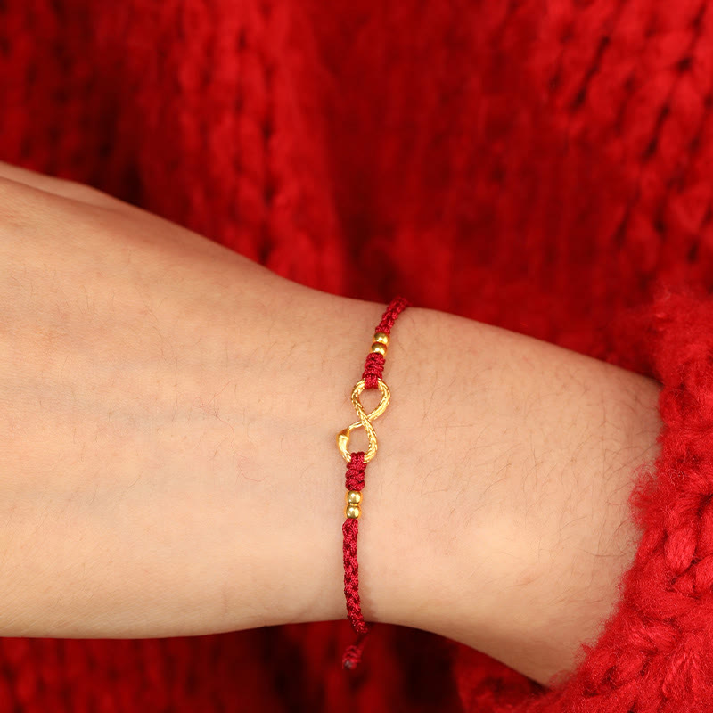 Bracelet porte-bonheur fait main en or 999 Buddha Stones Année du serpent Nœud éternel sans fin Infini