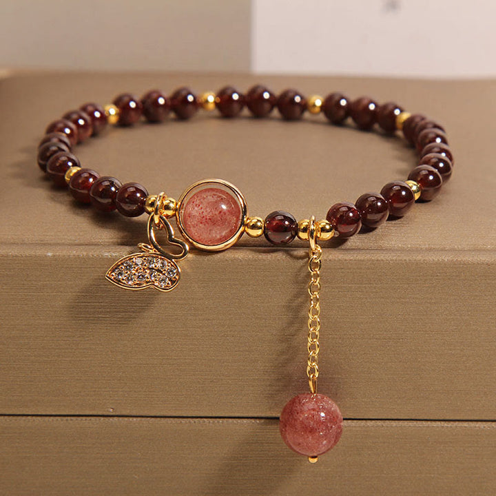 Bracelet de protection papillon en quartz fraise et grenat naturel Buddha Stones
