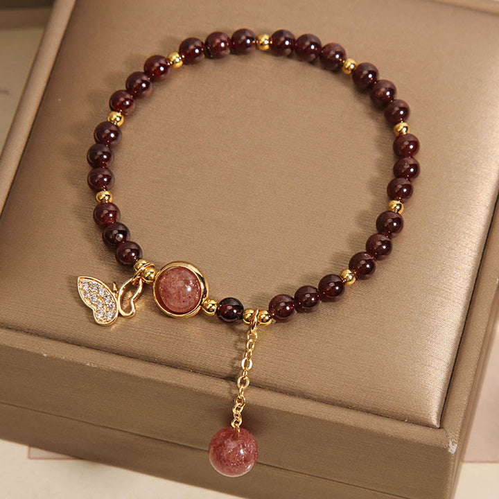 Bracelet de protection papillon en quartz fraise et grenat naturel Buddha Stones