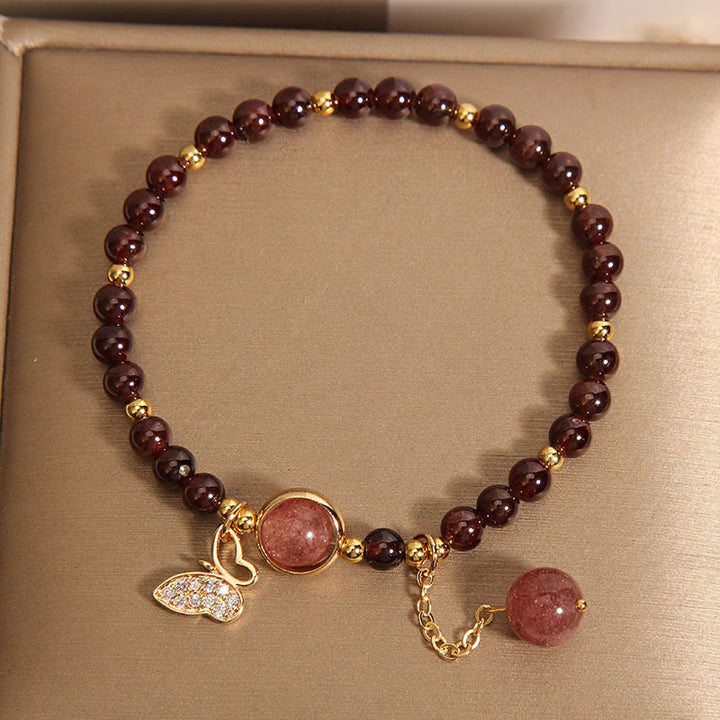 Bracelet de protection papillon en quartz fraise et grenat naturel Buddha Stones