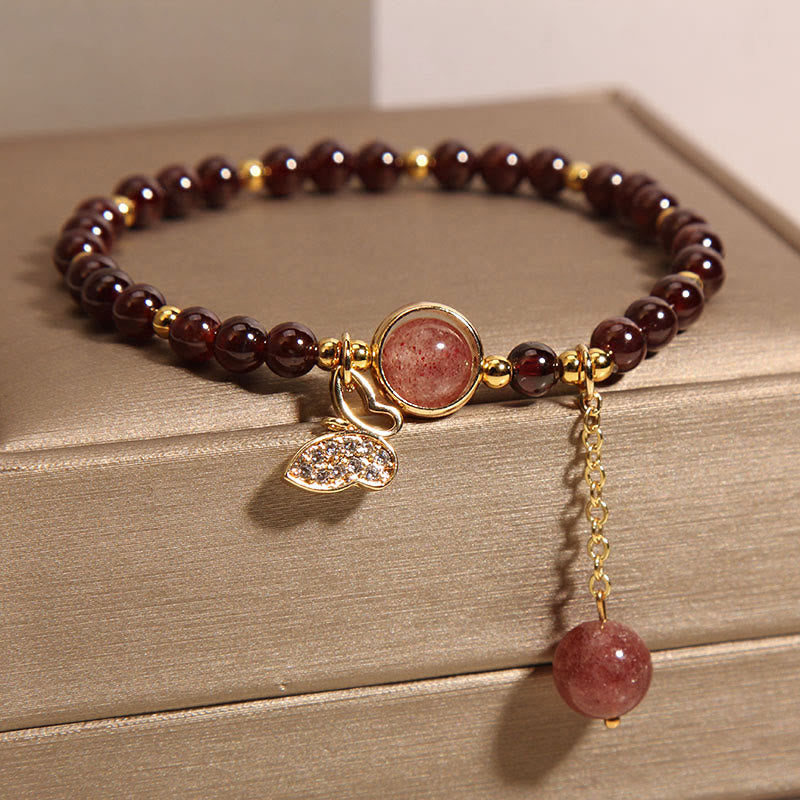 Bracelet de protection papillon en quartz fraise et grenat naturel Buddha Stones