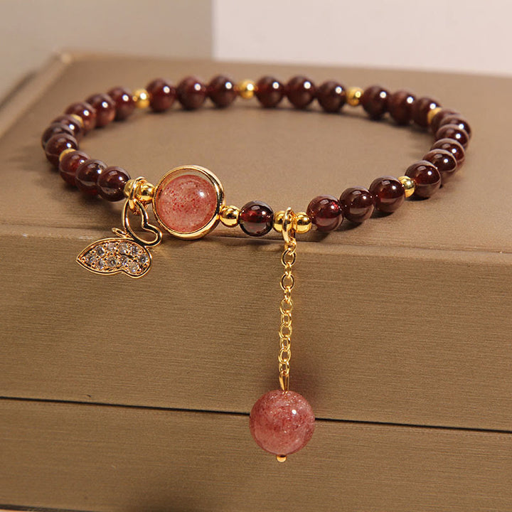 Bracelet de protection papillon en quartz fraise et grenat naturel Buddha Stones