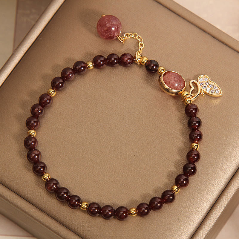 Bracelet de protection papillon en quartz fraise et grenat naturel Buddha Stones