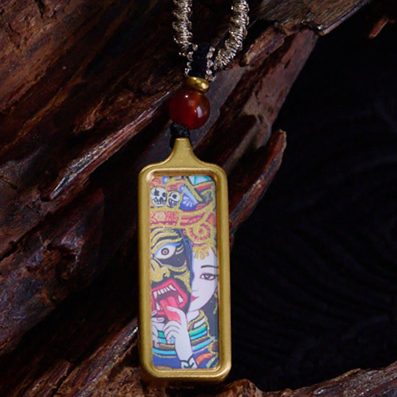 Buddha Stones Tibet Zakiram Jaune Dieu de la Richesse Renard à Neuf Queues Peint à la Main Thangka Calme Collier Pendentif - Vie passée et présente - image 2