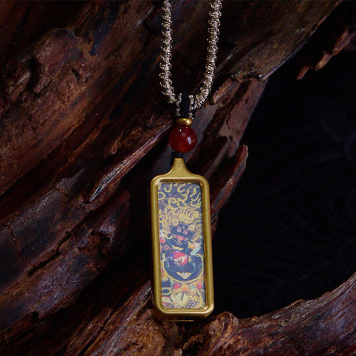 Buddha Stones Tibet Zakiram Jaune Dieu de la Richesse Renard à Neuf Queues Peint à la Main Thangka Calme Collier Pendentif - Mahakala - image 5