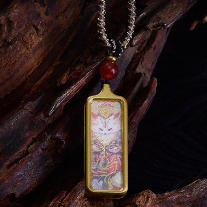 Buddha Stones Tibet Zakiram Jaune Dieu de la Richesse Renard à Neuf Queues Peint à la Main Thangka Calme Collier Pendentif - Renard à neuf queues - image 9