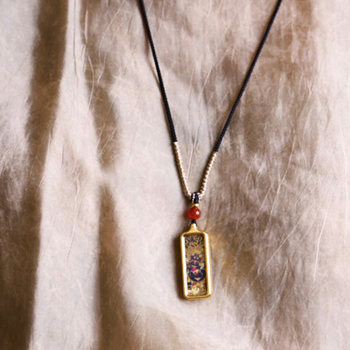 Buddha Stones Tibet Zakiram Jaune Dieu de la Richesse Renard à Neuf Queues Peint à la Main Thangka Calme Collier Pendentif - image 7