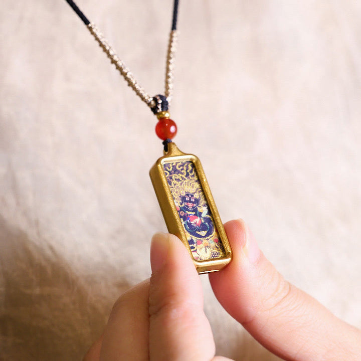 Buddha Stones Tibet Zakiram Jaune Dieu de la Richesse Renard à Neuf Queues Peint à la Main Thangka Calme Collier Pendentif - image 6