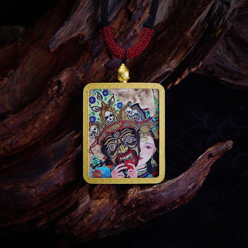 Collier pendentif en Buddha Stones tibétain Zakiram à neuf queues, dieu de la richesse, peint en jaune, Thangka, espoir